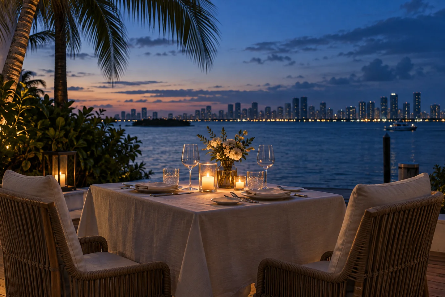 Miami-inspired waterfront dinner setting at blue hour