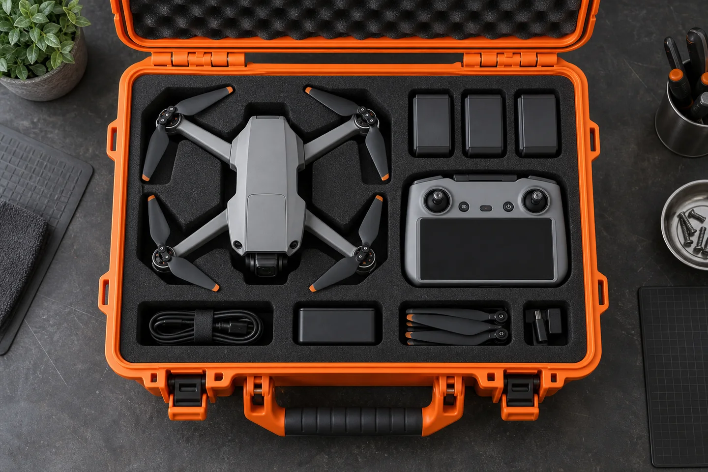 Illustrative drone and controller arranged in a protective equipment case
