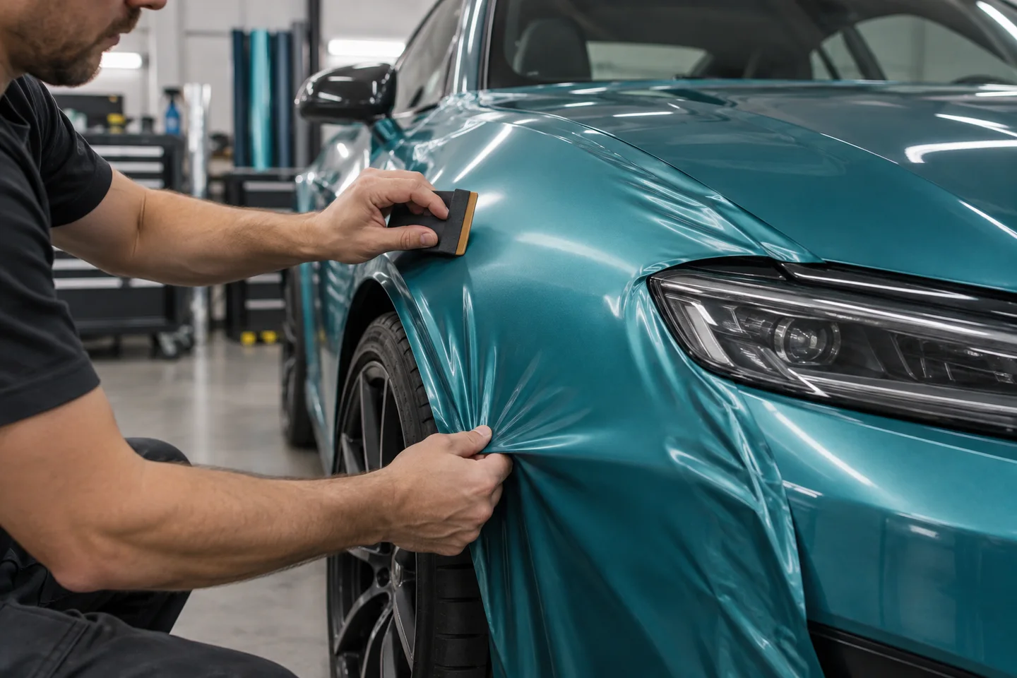 Illustrative close-up of teal vinyl being applied to a vehicle fender